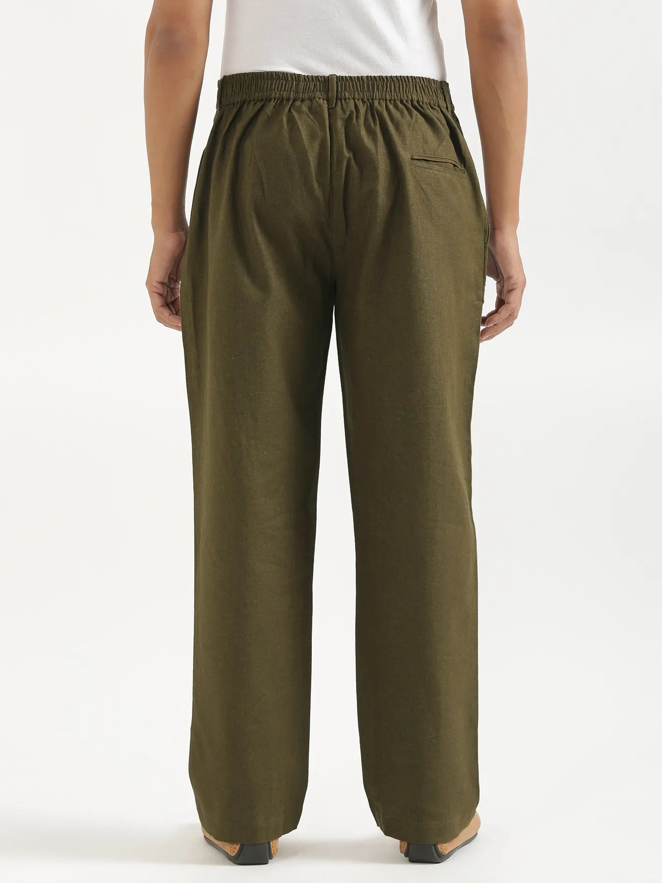 Men Olive Green Linen Blend Straight Pant