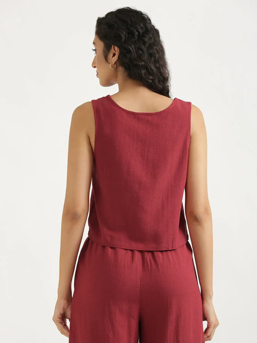 Women Maroon Flowy Linen Crop Top