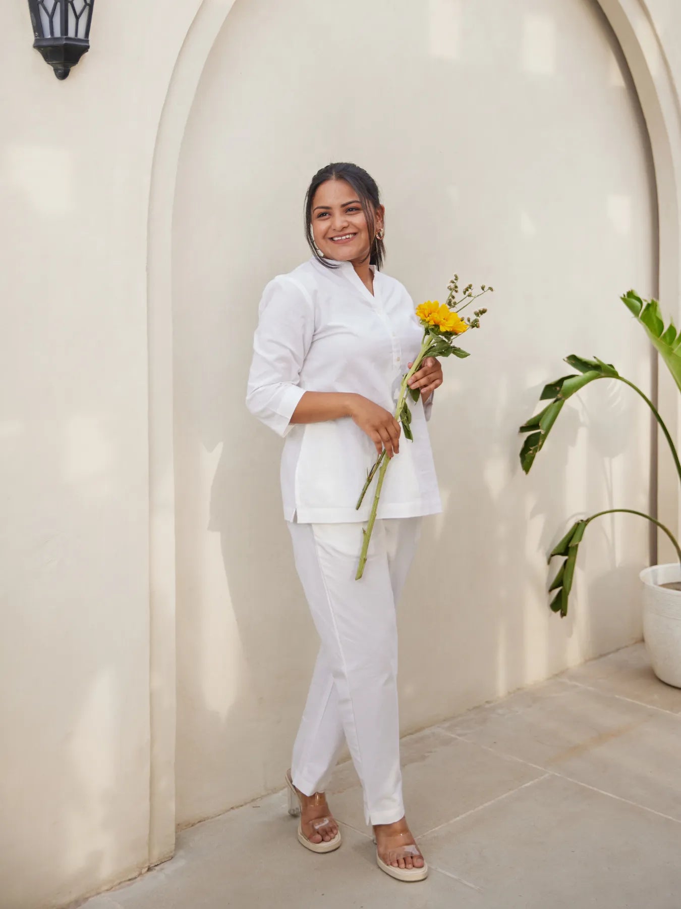 White Short Kurta with White Cotton Pant