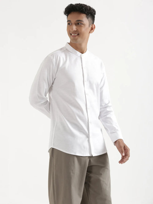 Men White Linen Blend Mandarin Collar Shirt