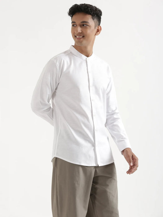 Men White Linen Blend Mandarin Collar Shirt