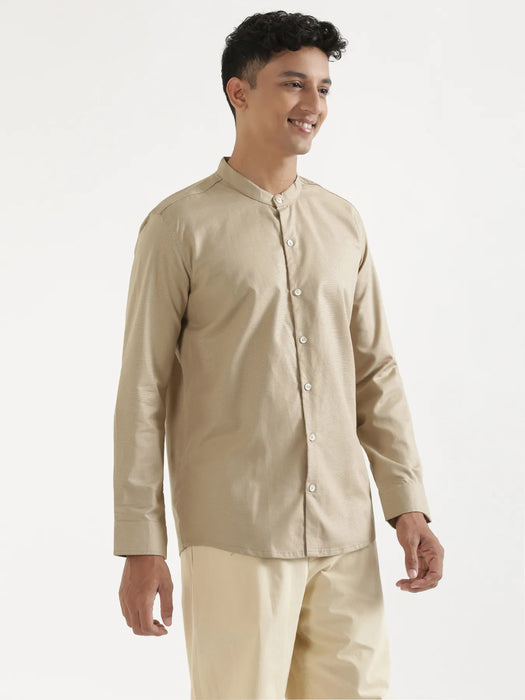 Men Taupe Linen Blend Mandarin Collar Shirt