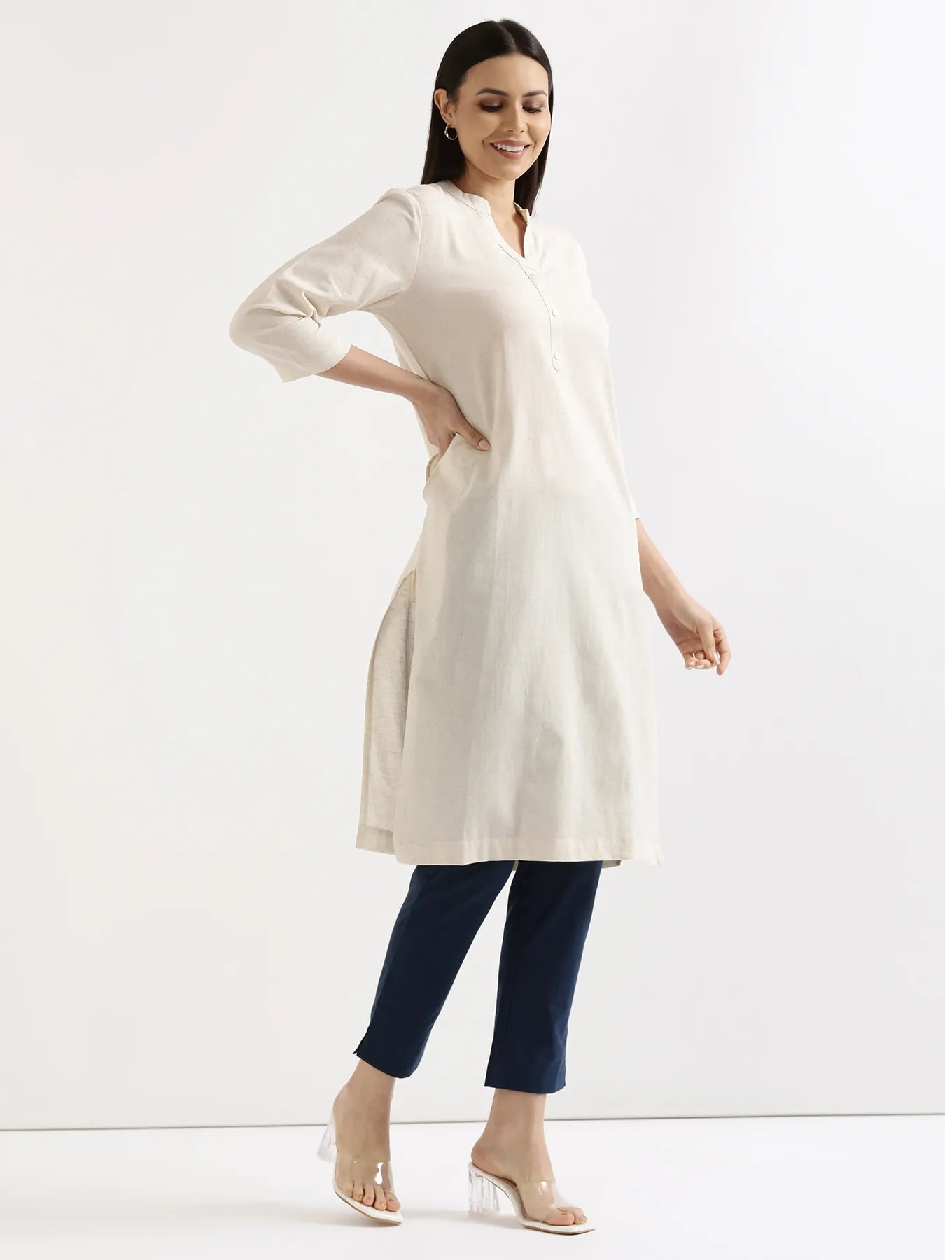 Women Ecru Airy Linen Long Kurta