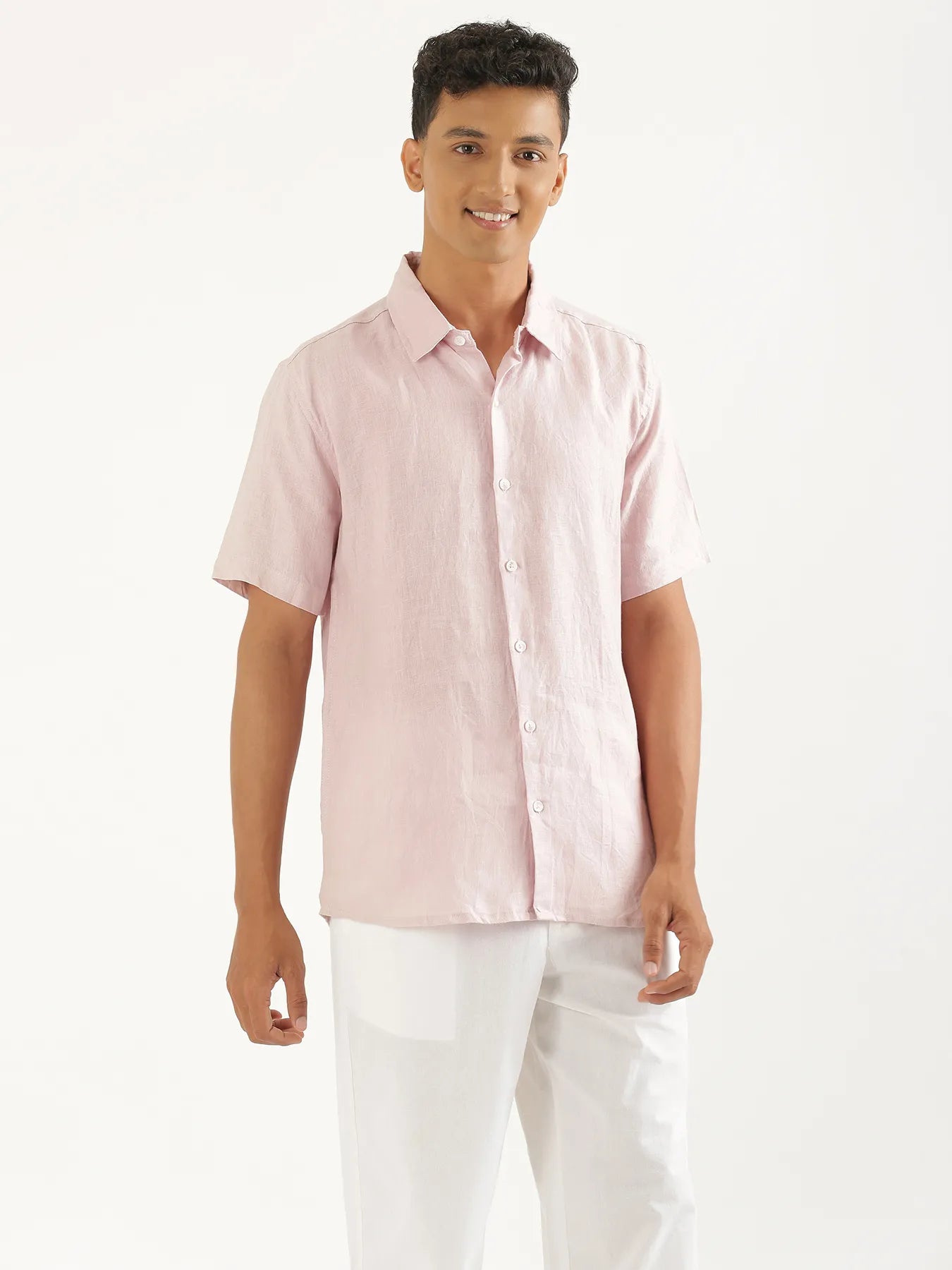 Men Light Pink Pure Linen Short Sleeve Shirt