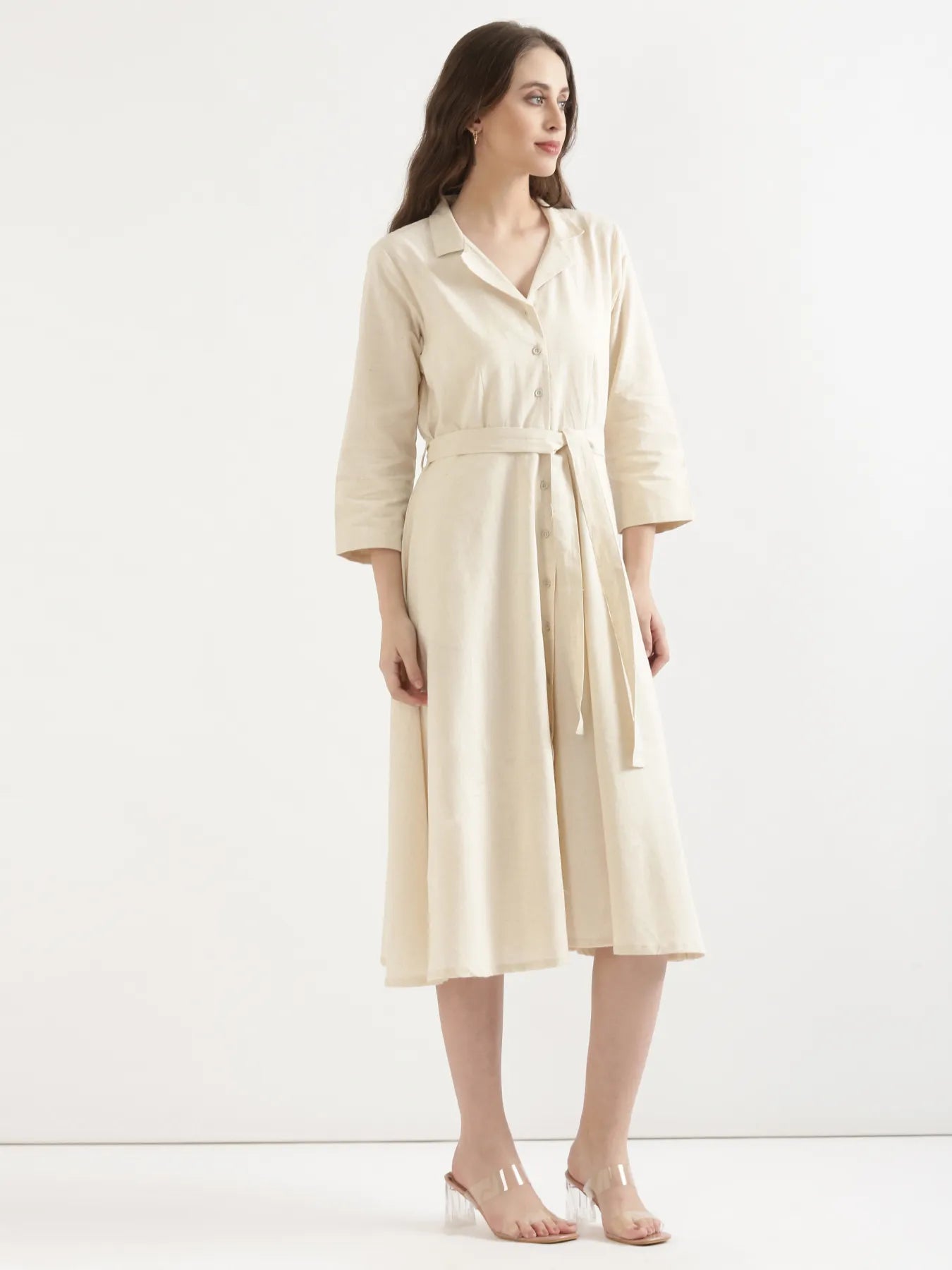 Women Ecru Airy Linen Flared Dress