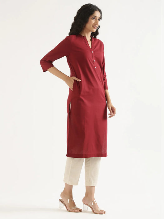 Women Maroon Airy Linen Long Kurta