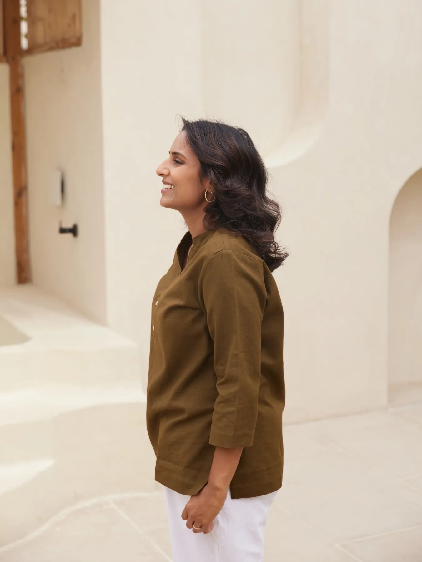 Olive Green Short Kurta with White Cotton Pant