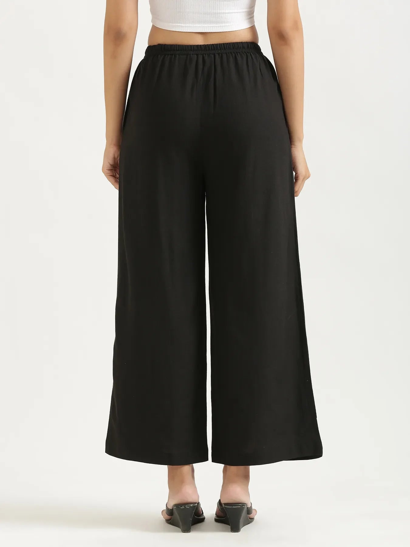 Women Black Flowy Linen Wide Leg Pants