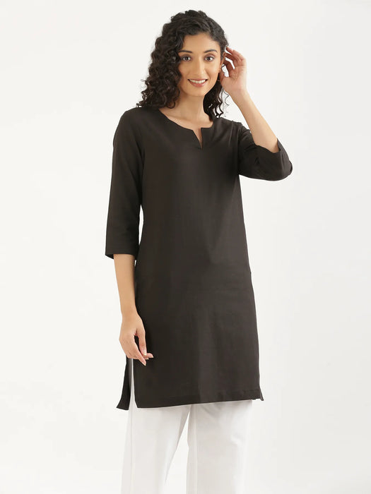 Women Black Airy Linen Mid Thigh Length Kurta