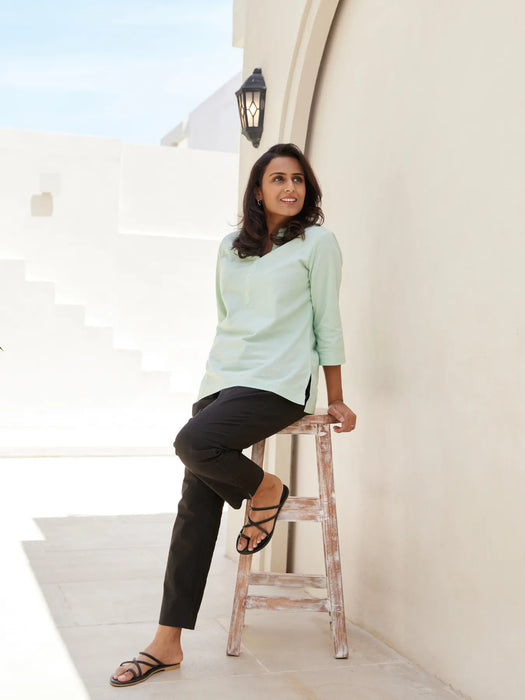 Mint Green Short Kurta with Black Cotton Pant