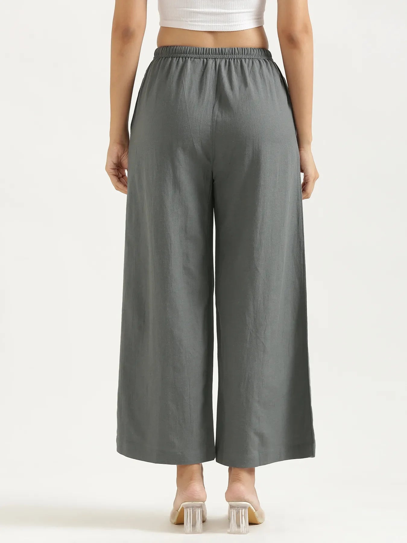 Women German Grey Flowy Linen Wide Leg Pants