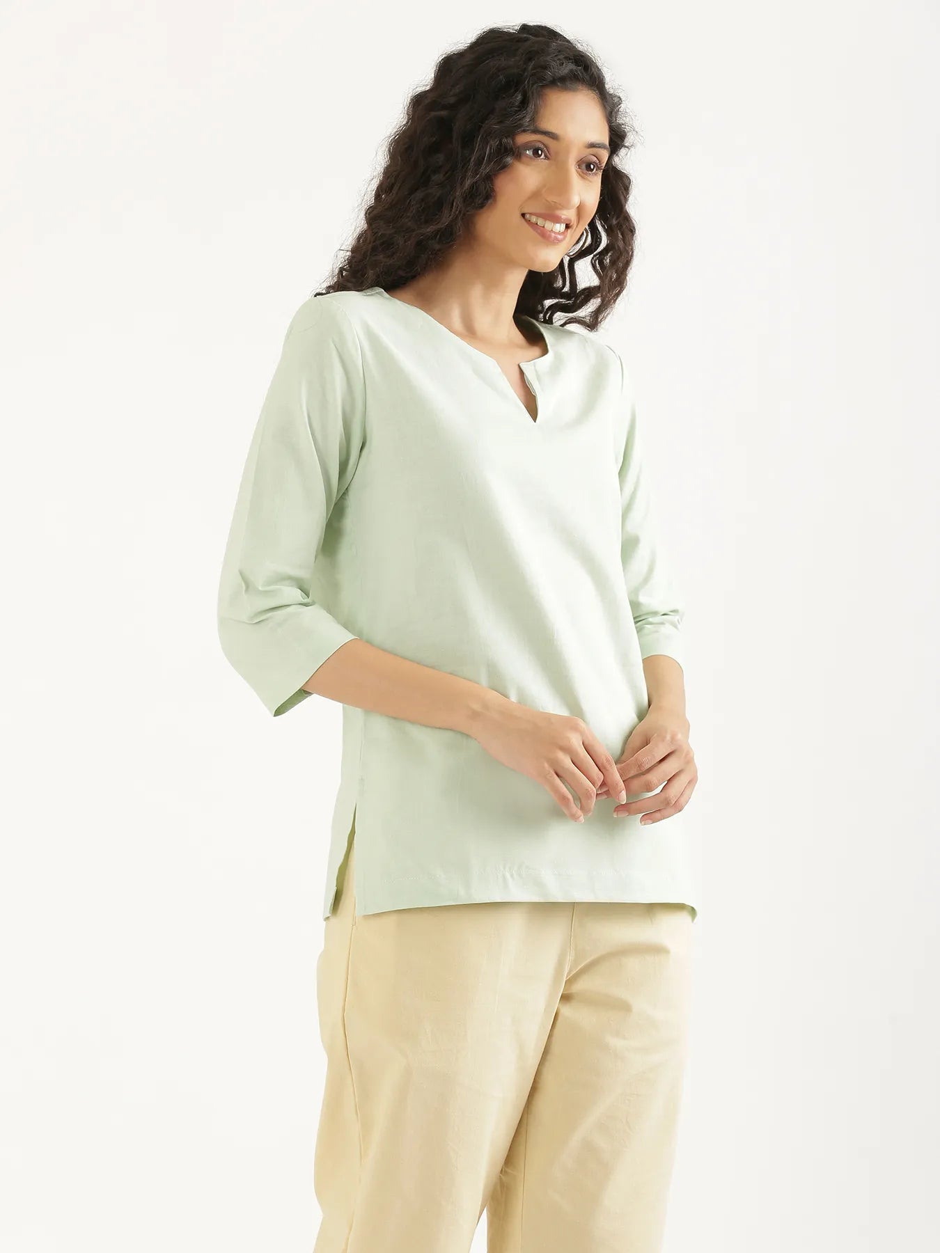 Women Mint Green Airy Linen Split Neck Short Kurta