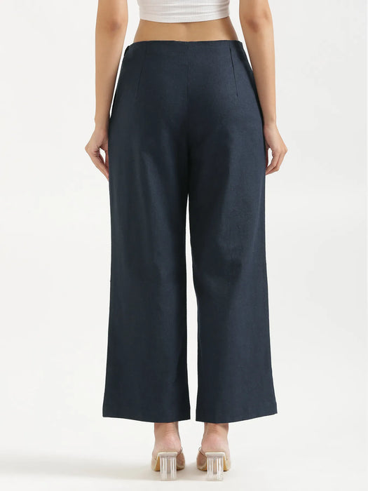 Women Navy Blue Linen Blend Wide Leg Pant
