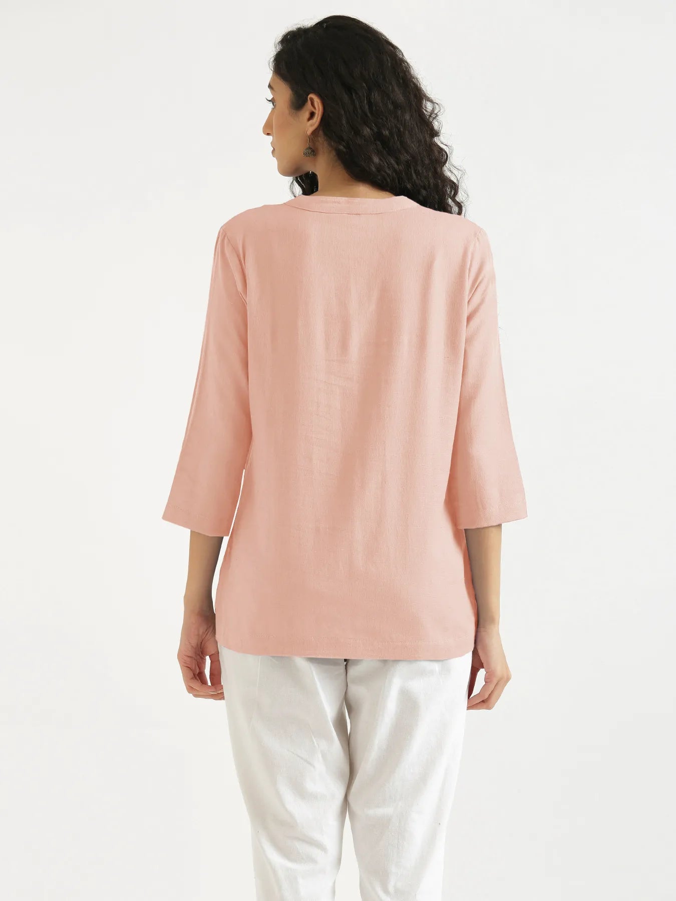 Women Salmon Pink Airy Linen Short Kurta