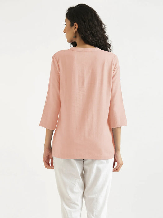 Women Salmon Pink Airy Linen Short Kurta