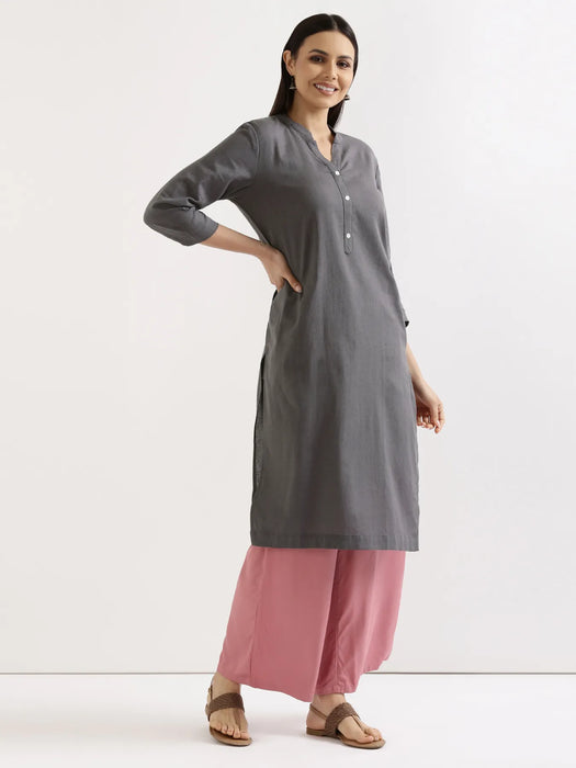 Women Slate Grey Airy Linen Long Kurta & Rose Viscose Palazzo Pant Set