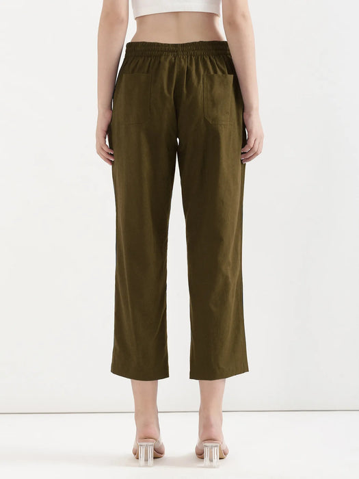 Women Olive Green Airy Linen Straight Pants