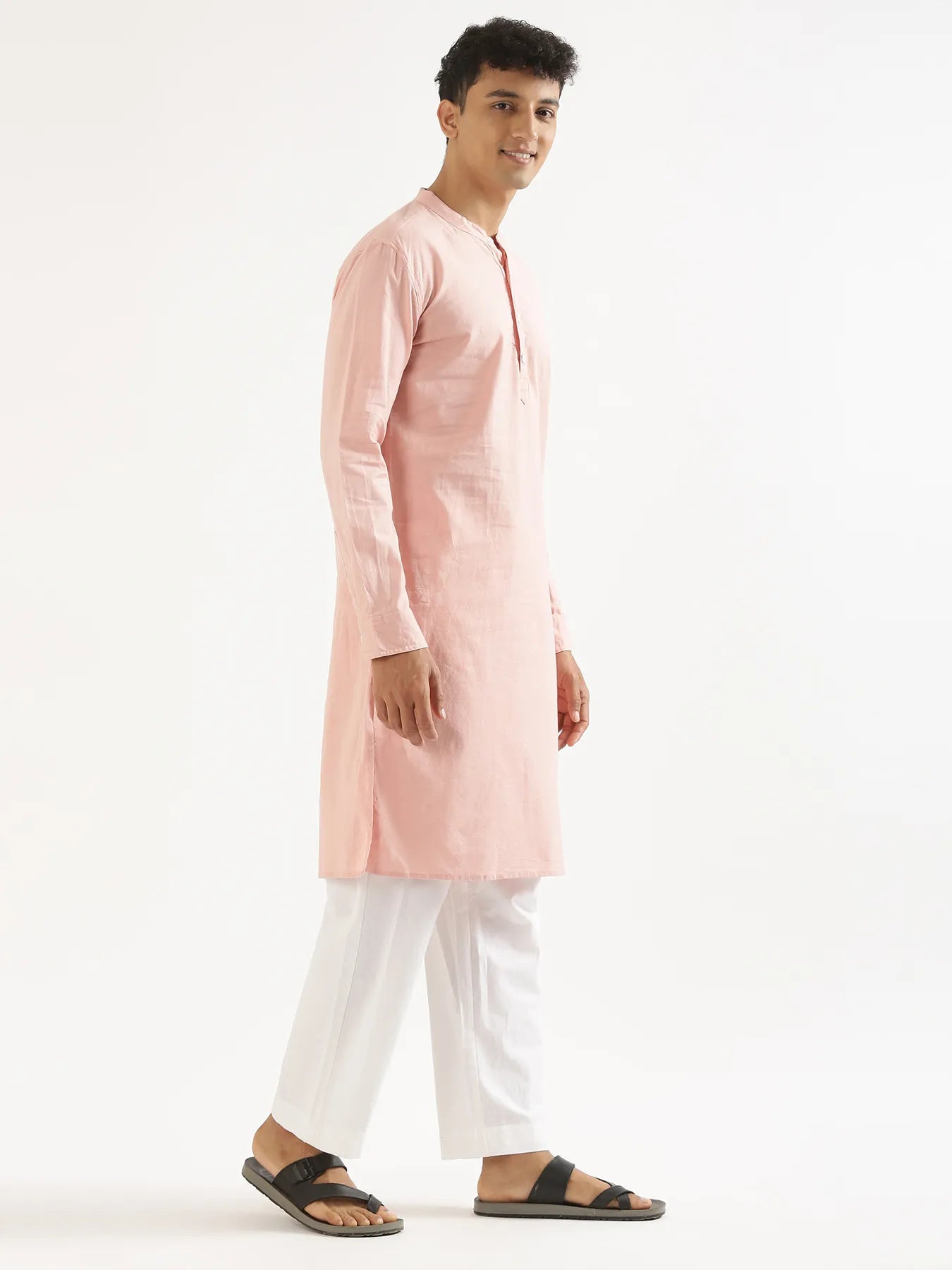 Men Salmon Pink Airy Linen Long Kurta