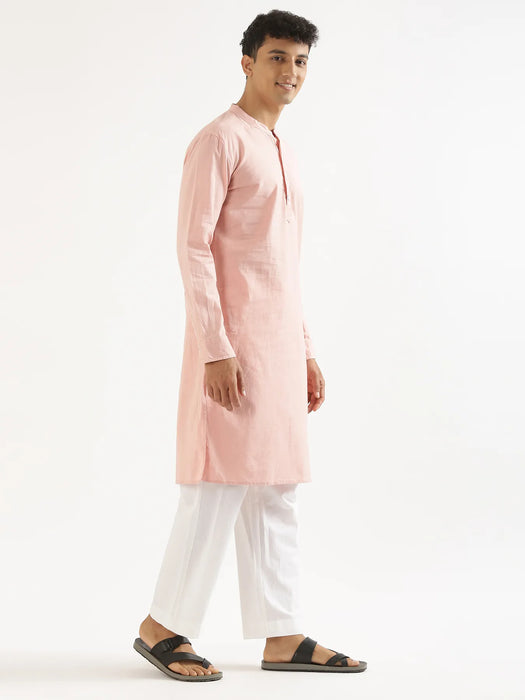 Men Salmon Pink Airy Linen Long Kurta
