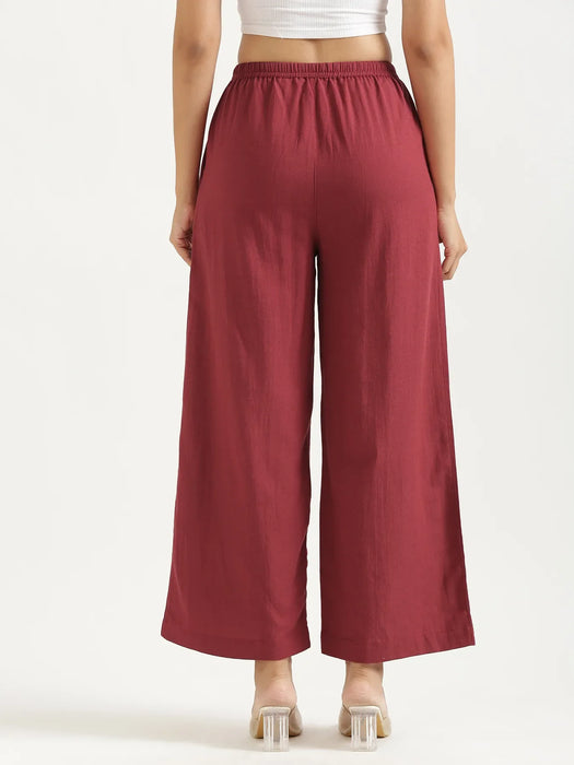 Women Maroon Flowy Linen Wide Leg Pants
