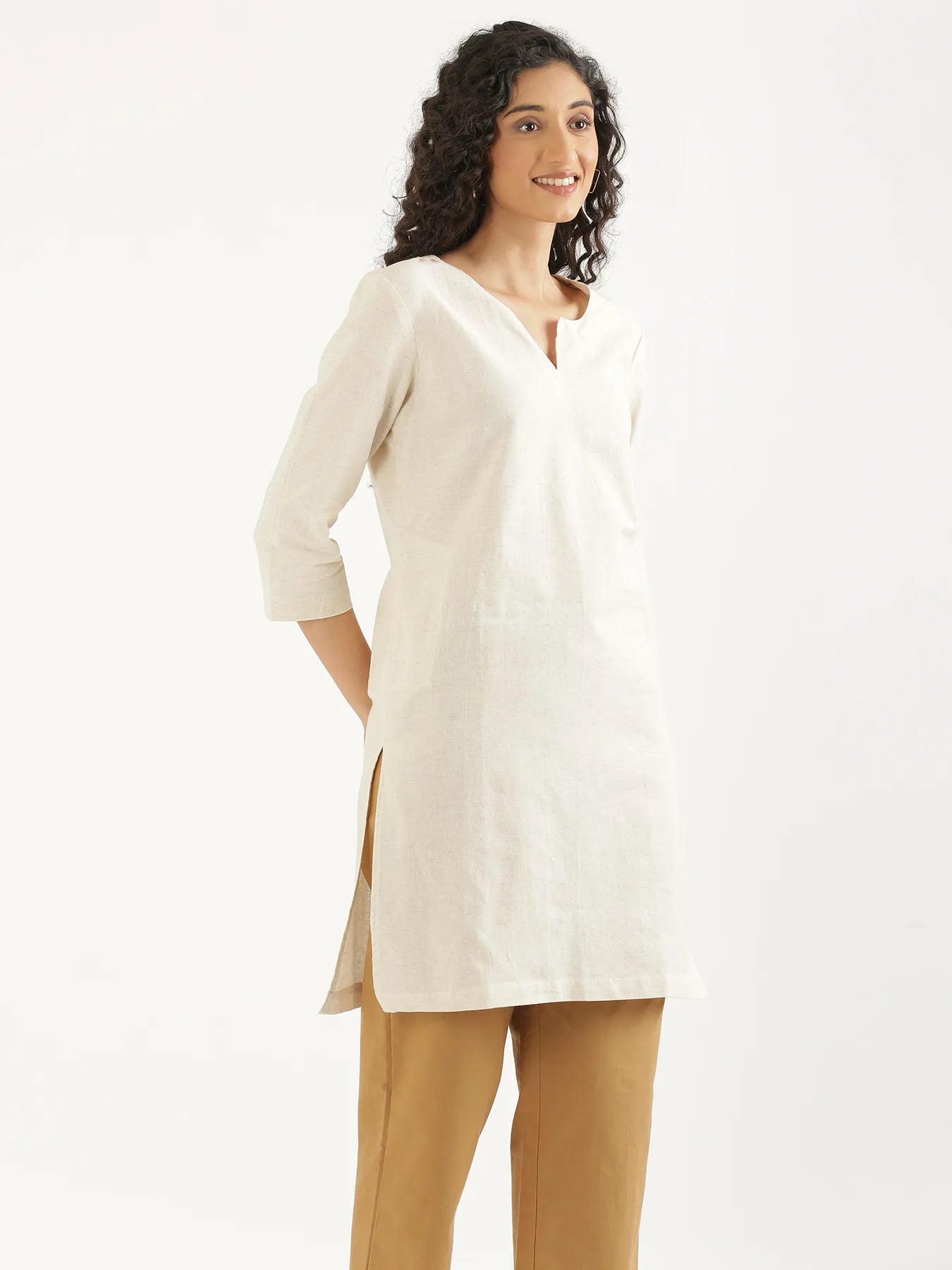 Women Ecru Airy Linen Mid Thigh Length Kurta