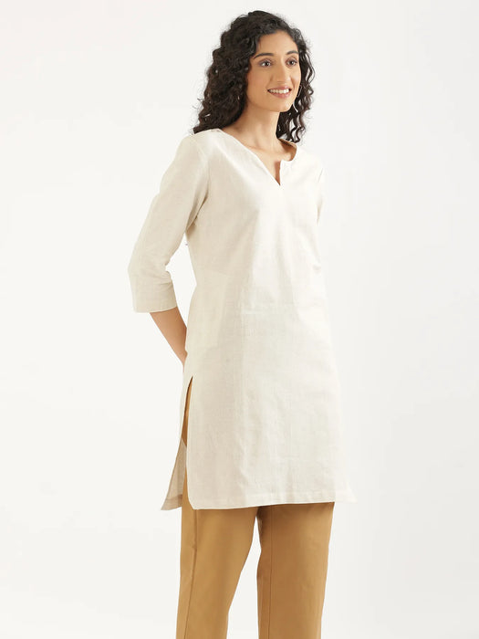 Women Ecru Airy Linen Mid Thigh Length Kurta