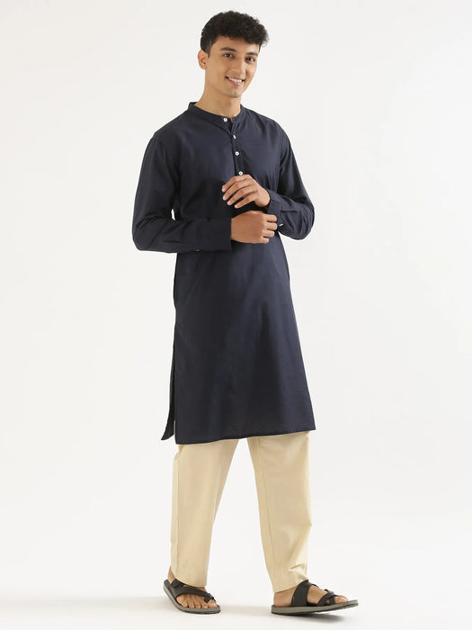 Men Navy Blue Airy Linen Long Kurta