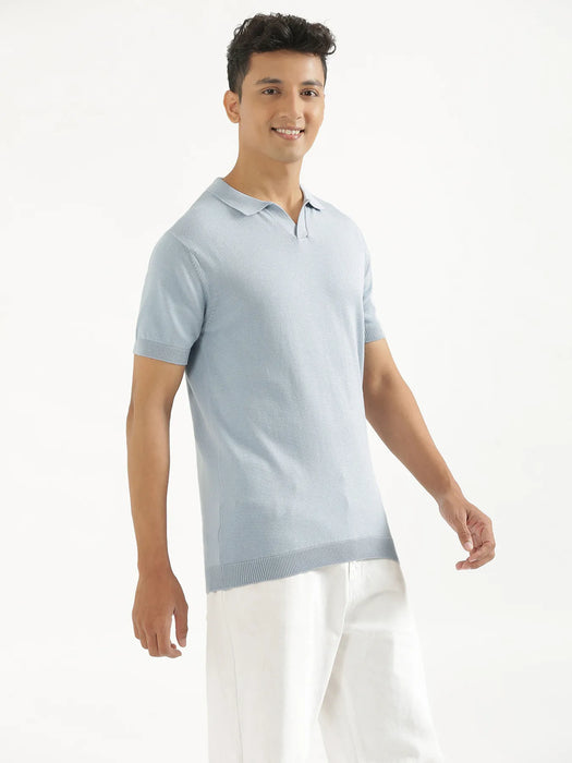 Men Light Blue Flat Knit Polo