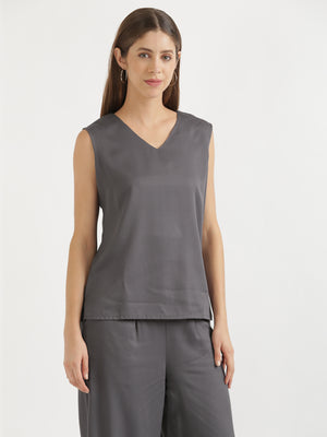 Women Grey V-Neck Sleeveless Top