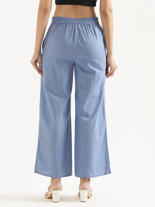 Women English Blue Airy Linen Wide Leg Pant