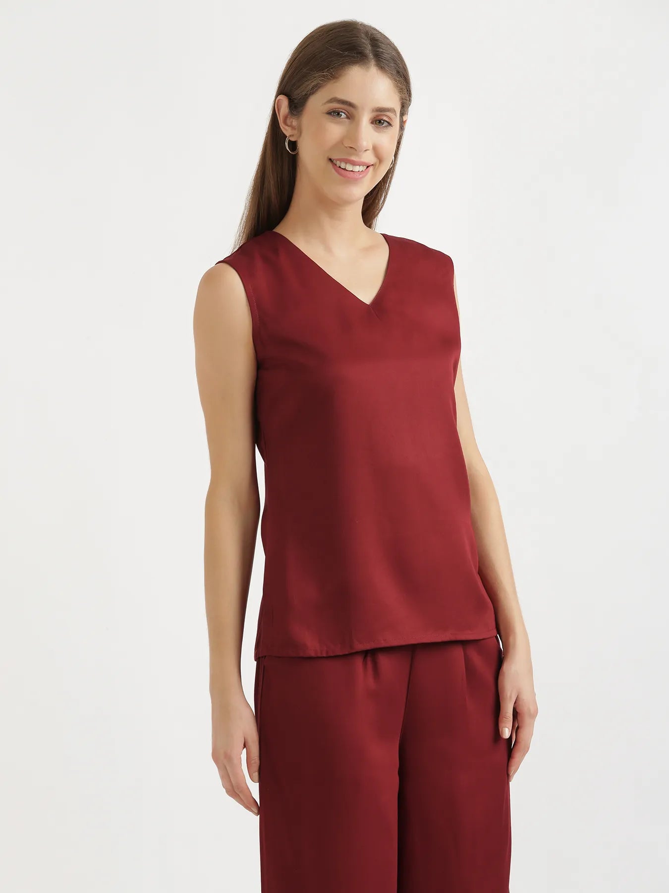 Women Maroon V-Neck Sleeveless Top