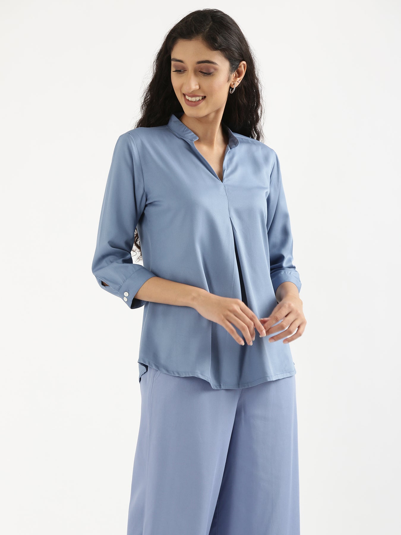 English Blue Viscose Pleated Top