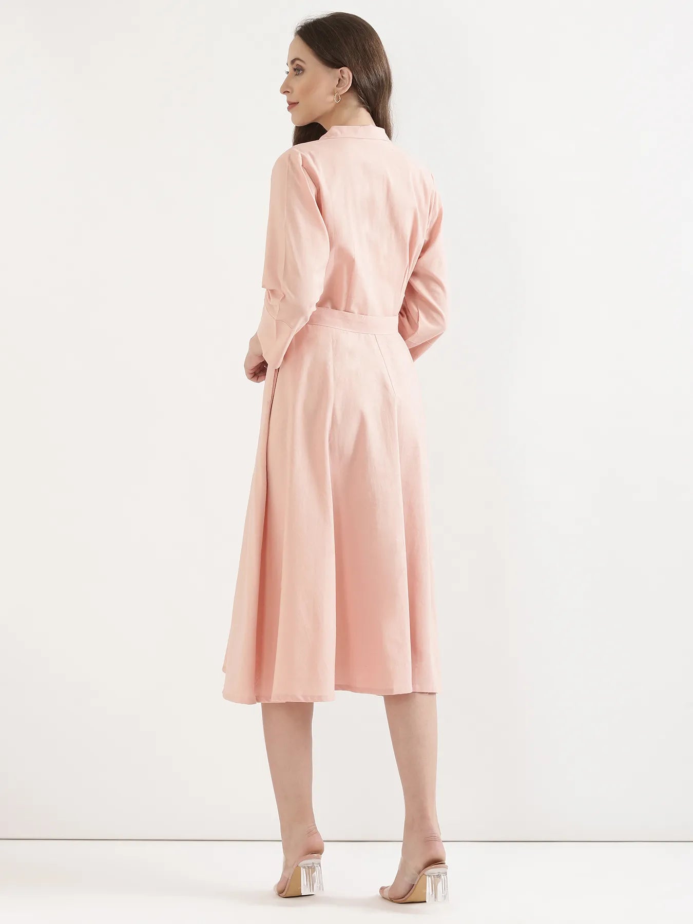 Women Salmon Pink Airy Linen Flared Dress