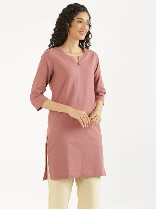 Women Rose Taupe Airy Linen Mid Thigh Length Kurta