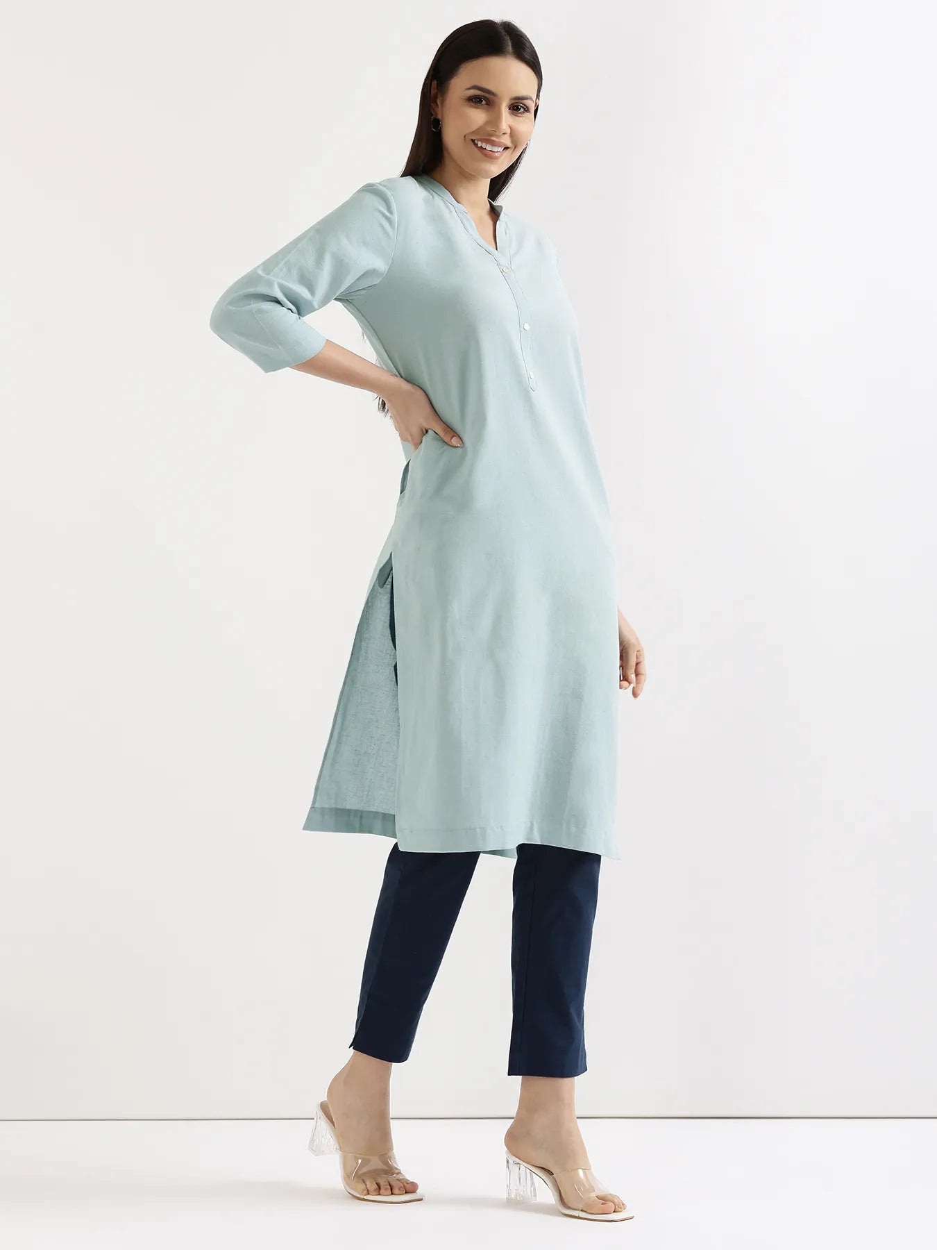 Women Sky Blue Airy Linen Long Kurta