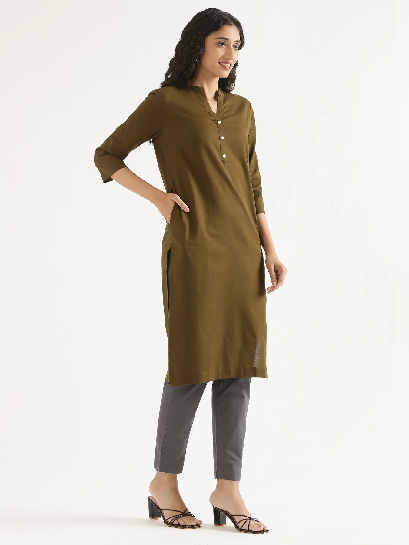 Women Olive Green Airy Linen Long Kurta & Cement Grey Cotton Pant Set