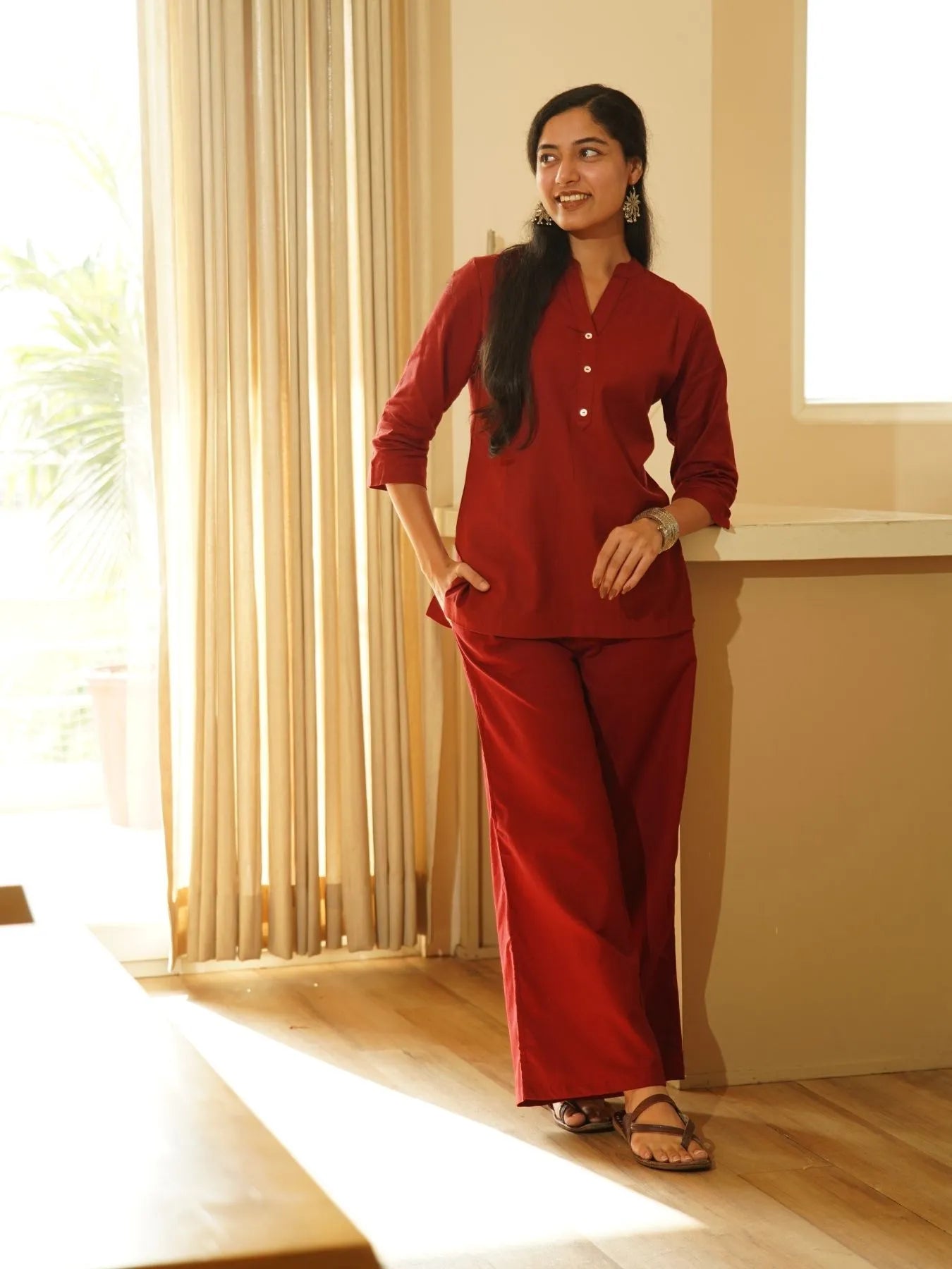 Maroon Airy Linen Short Kurta Co-ord Set