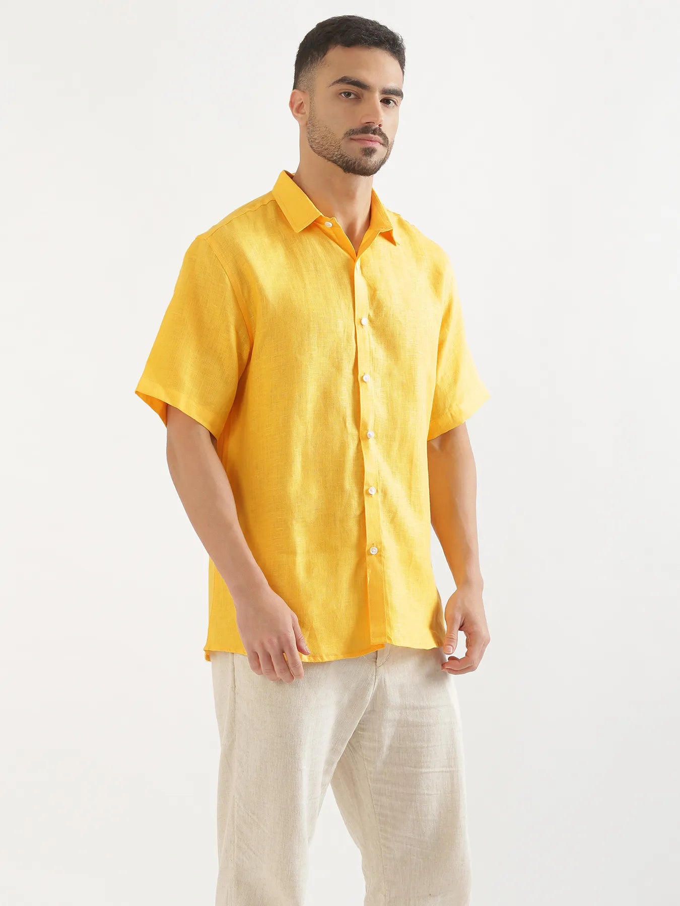 Men Mango Yellow 100% Linen Half Sleeve Shirt