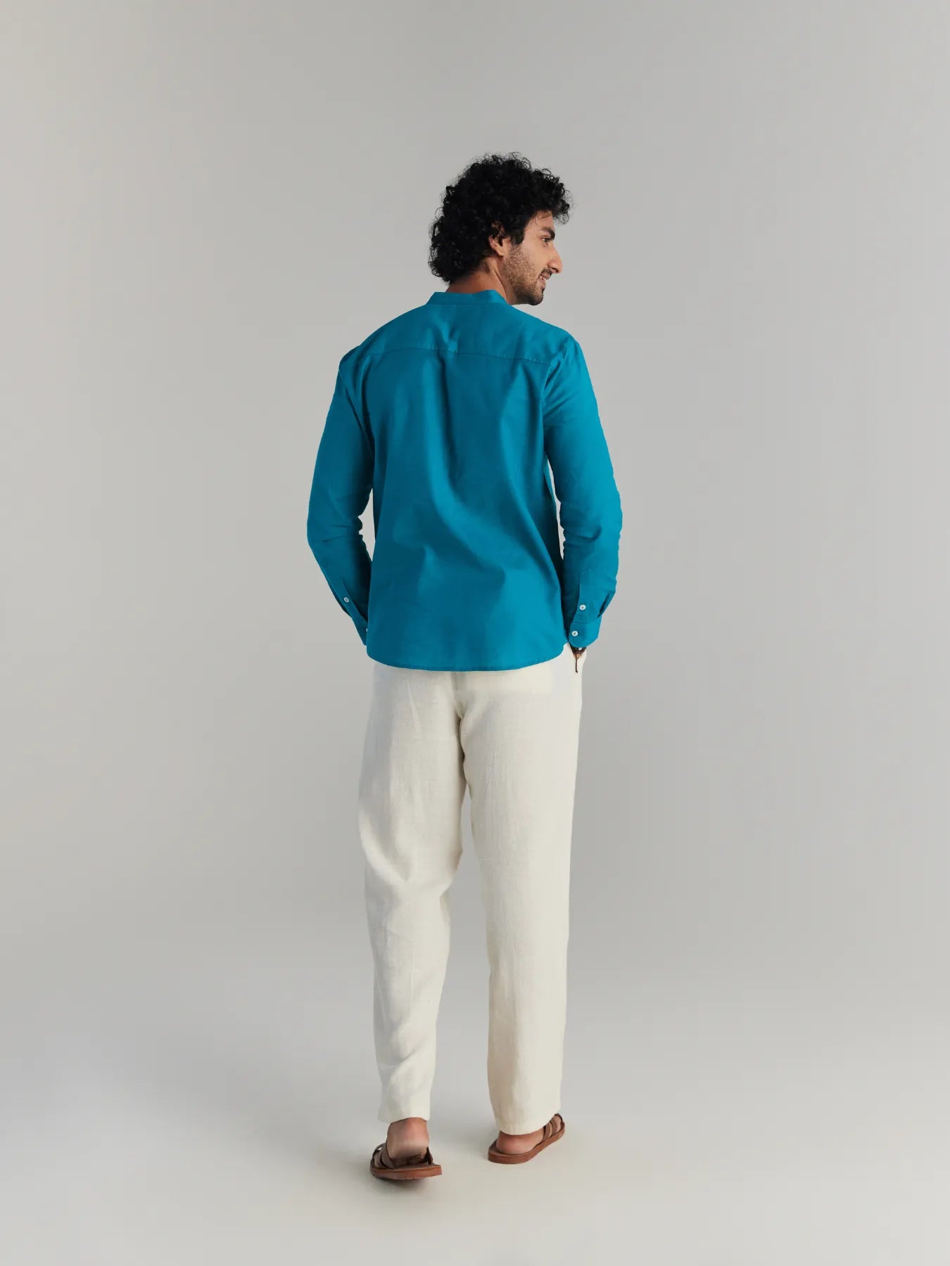 Men Teal Airy Linen Short Kurta