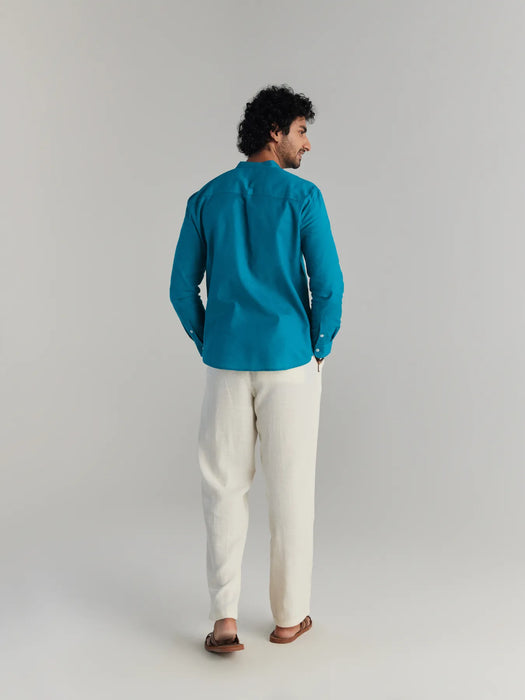 Men Teal Airy Linen Short Kurta