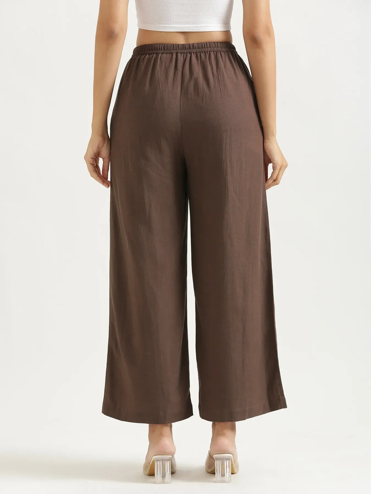 Women Dark Brown Flowy Linen Wide Leg Pants