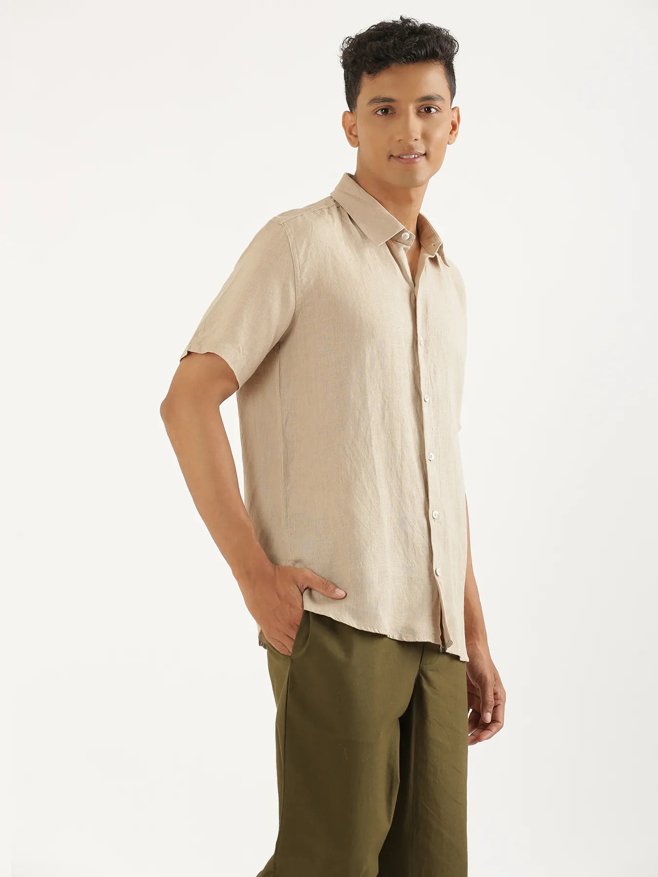 Men Taupe Pure Linen Short Sleeve Shirt