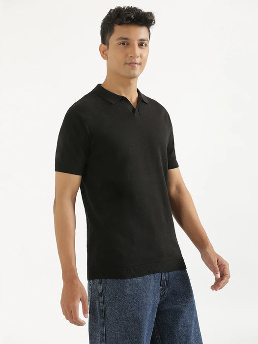 Men Black Flat Knit Collared T-shirt