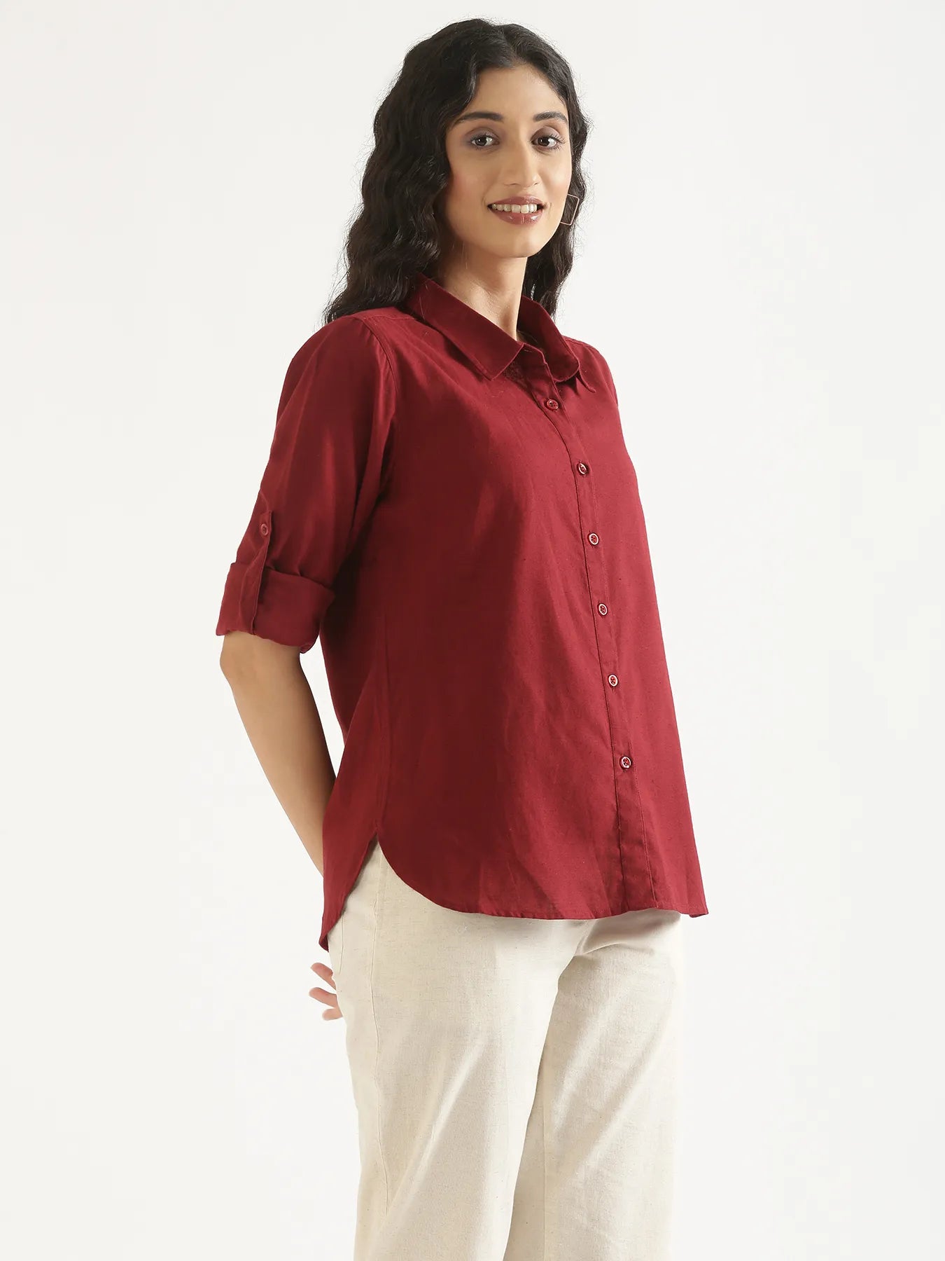 Women Maroon Airy-Linen Shirt