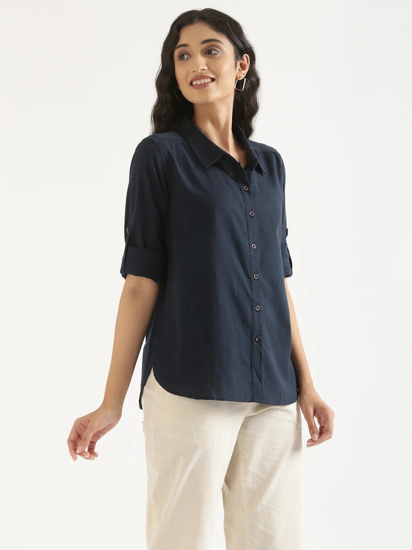 Women Navy Blue Airy-Linen Shirt