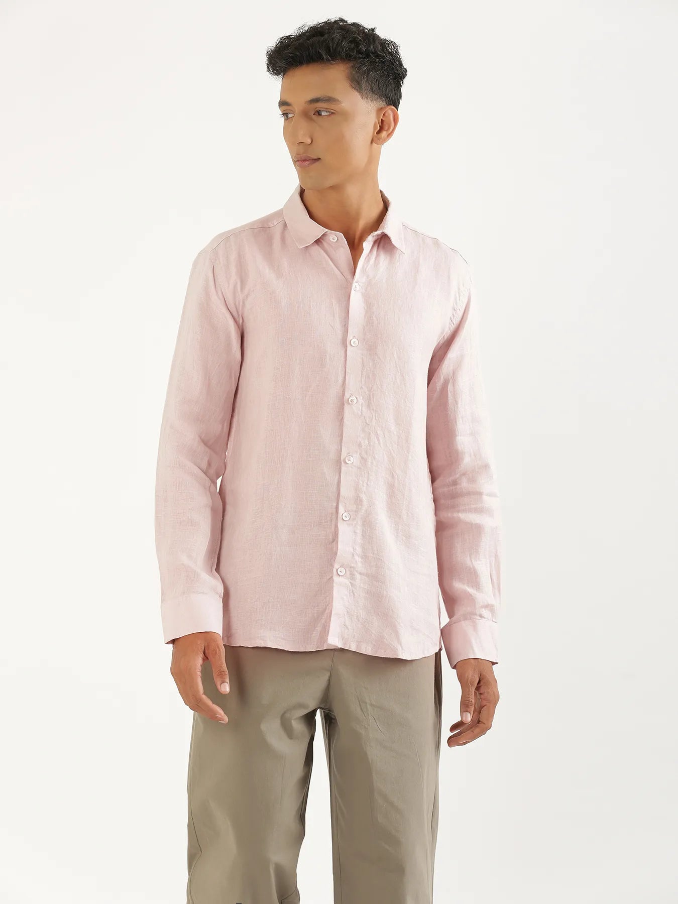 Men Light Pink Pure Linen Full Sleeve Shirt