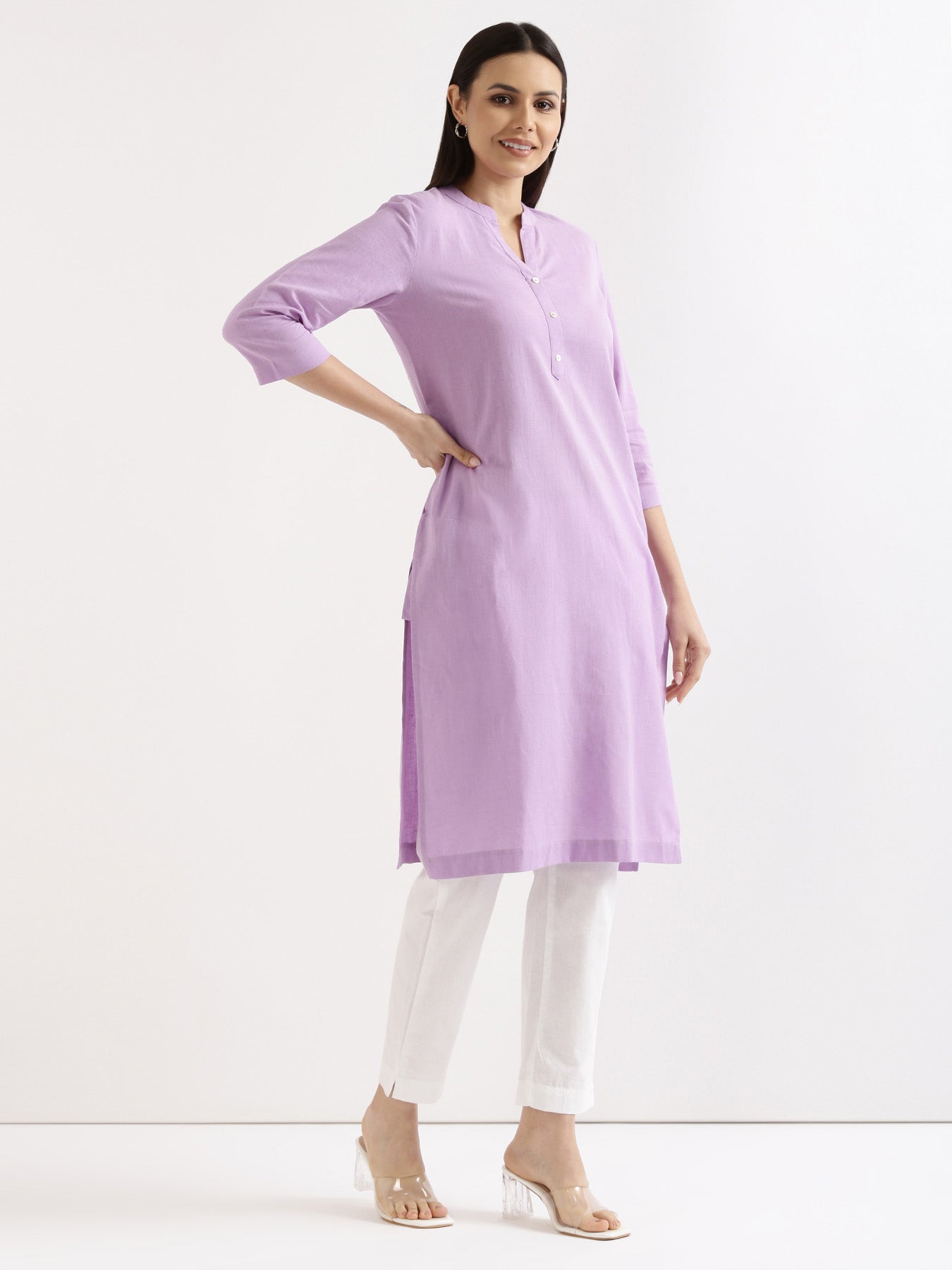 White Cotton Pant with Lilac Long Kurta