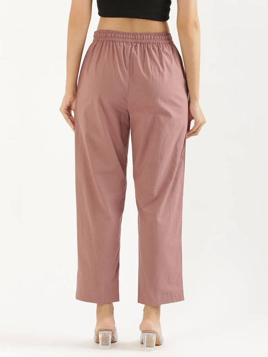 Women Rose Taupe Cotton Straight Pant
