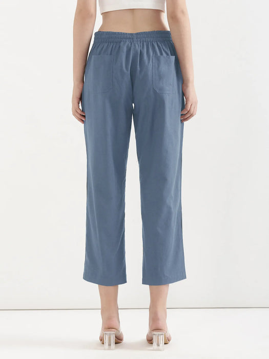 Women English Blue Airy Linen Straight Pants