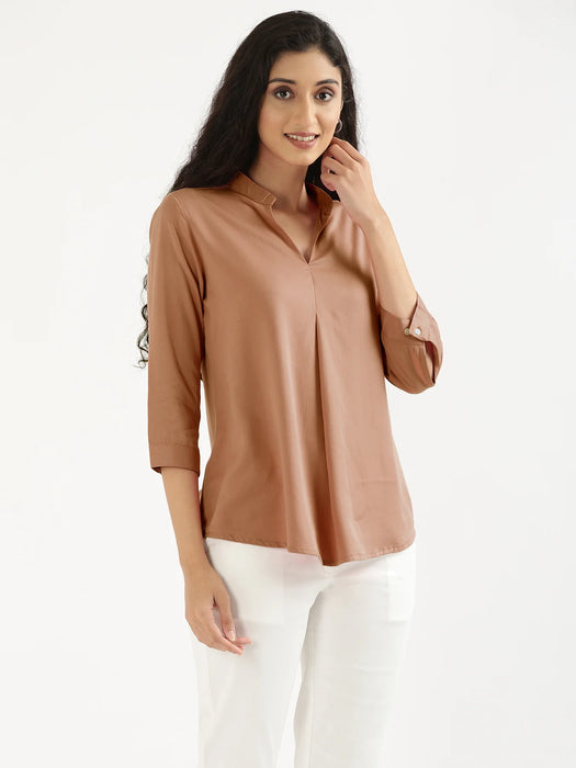 Women Mocha Mousse Viscose Pleated Top